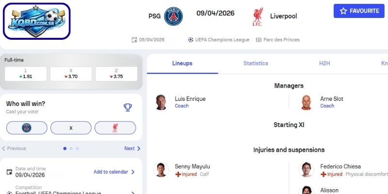 Kèo châu Á trận Paris vs Liverpool (03h00 ngày 09/04 – UEFA Champions League)
